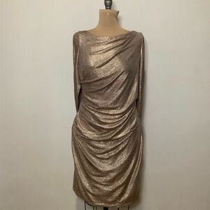R & M Richards Shimmering Gold Long Sleeve Dress